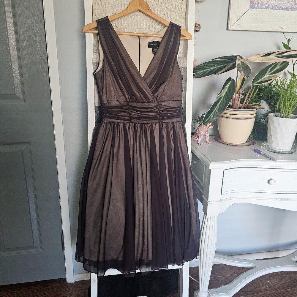 Connected Petite Brown Tulle Midi Dress | Size 8P | Sheer Overlay V-Neck Formal